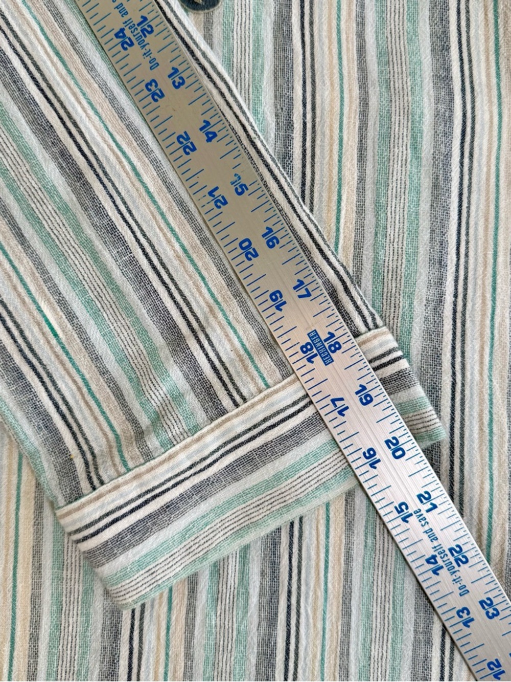Soft Surroundings Teal, Light Gray & White Striped Embroidered Tunic - Picture 8 of 11